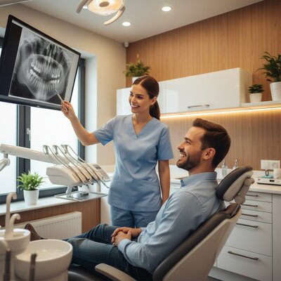 Dentist consulting with patient